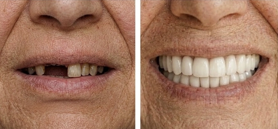 Real patient before and after All-on-6 full-arch implant treatment showing restored teeth and smile