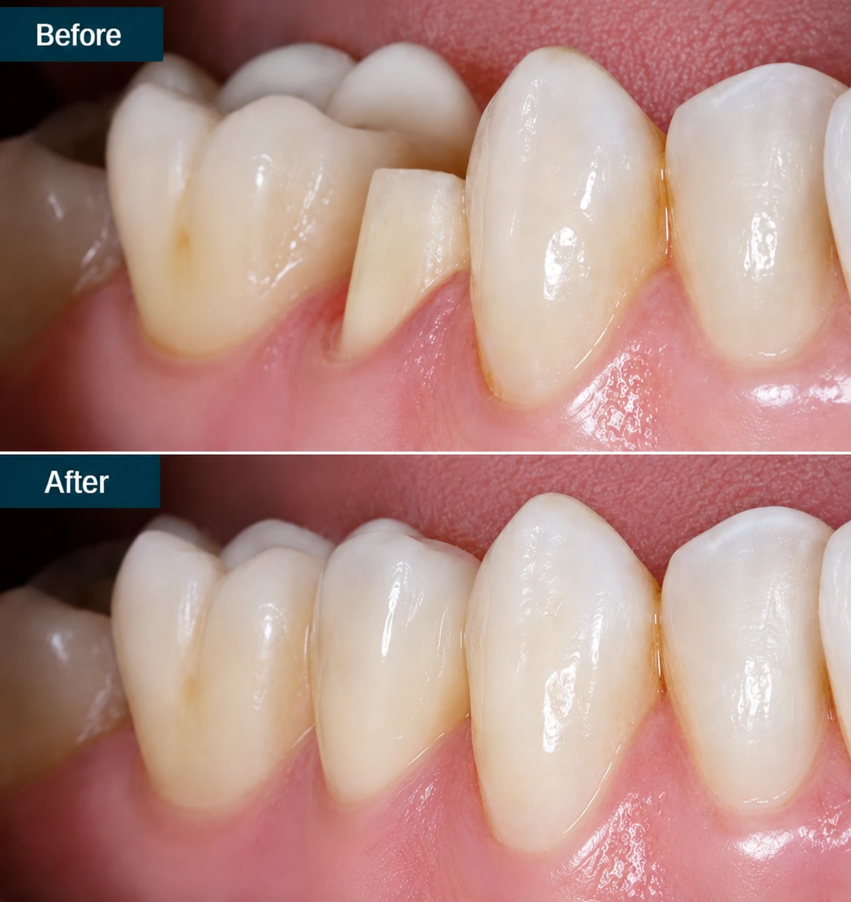 Before and after dental crown treatment showing a broken tooth restored with a natural-looking crown