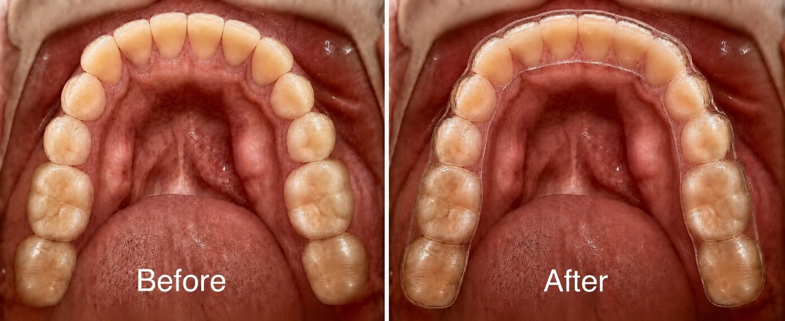 Real patient before and after clear removable retainer showing retention after orthodontic treatment