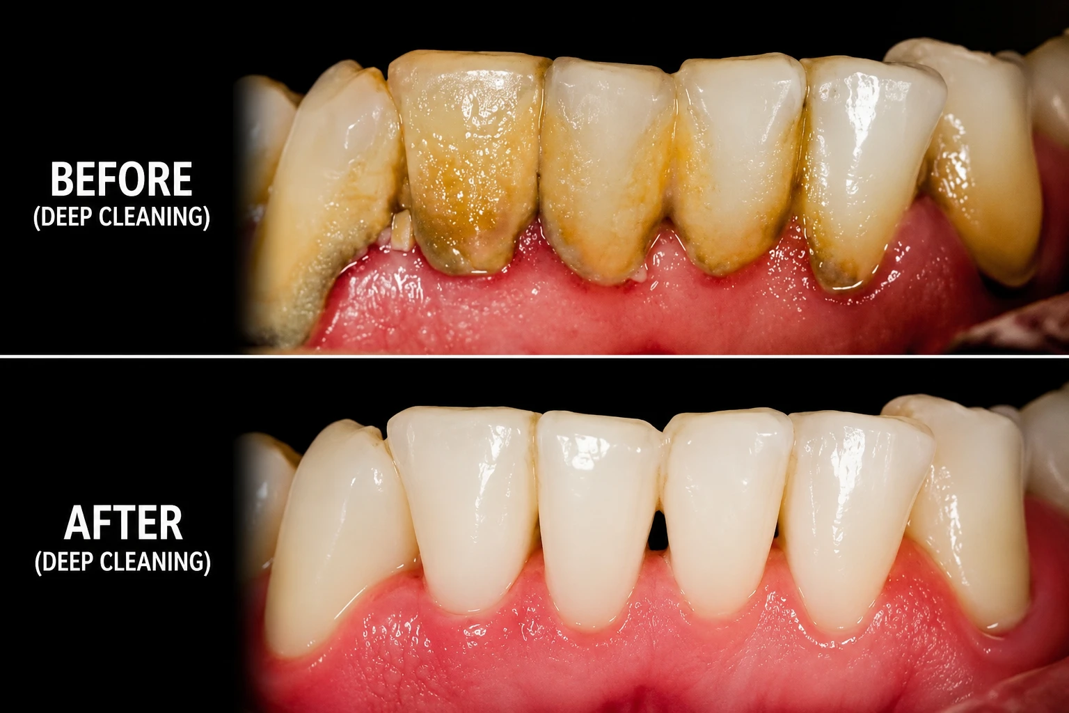 Real patient before and after scaling and root planing deep cleaning showing tartar and stain removal near the gumline