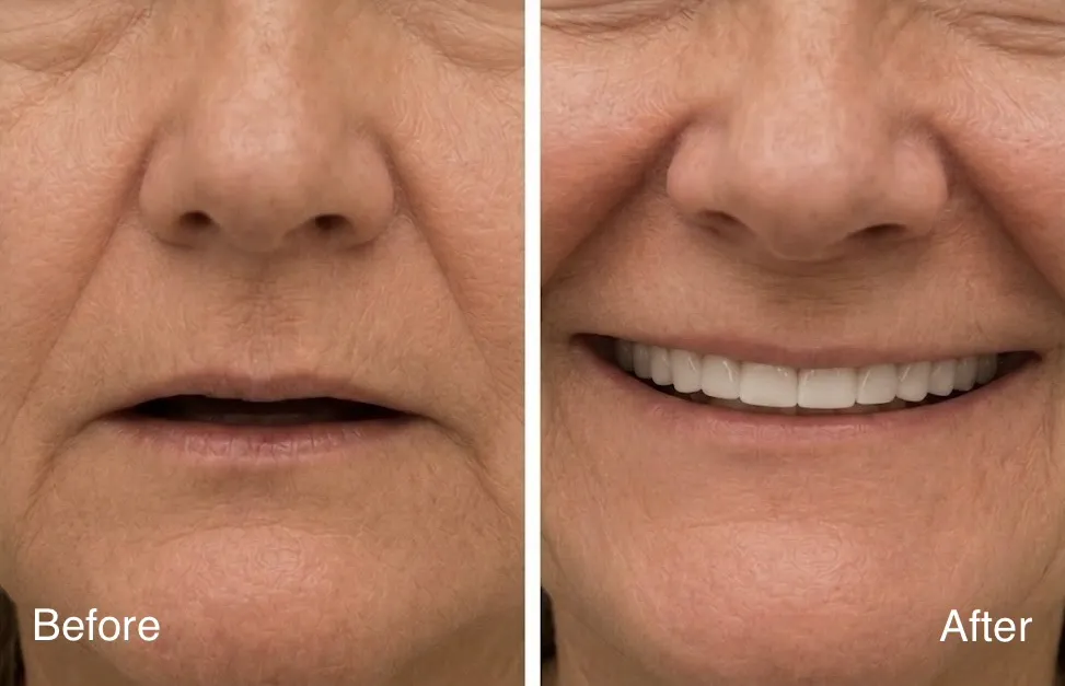 Real patient before and after dentures showing restored facial support and smile confidence