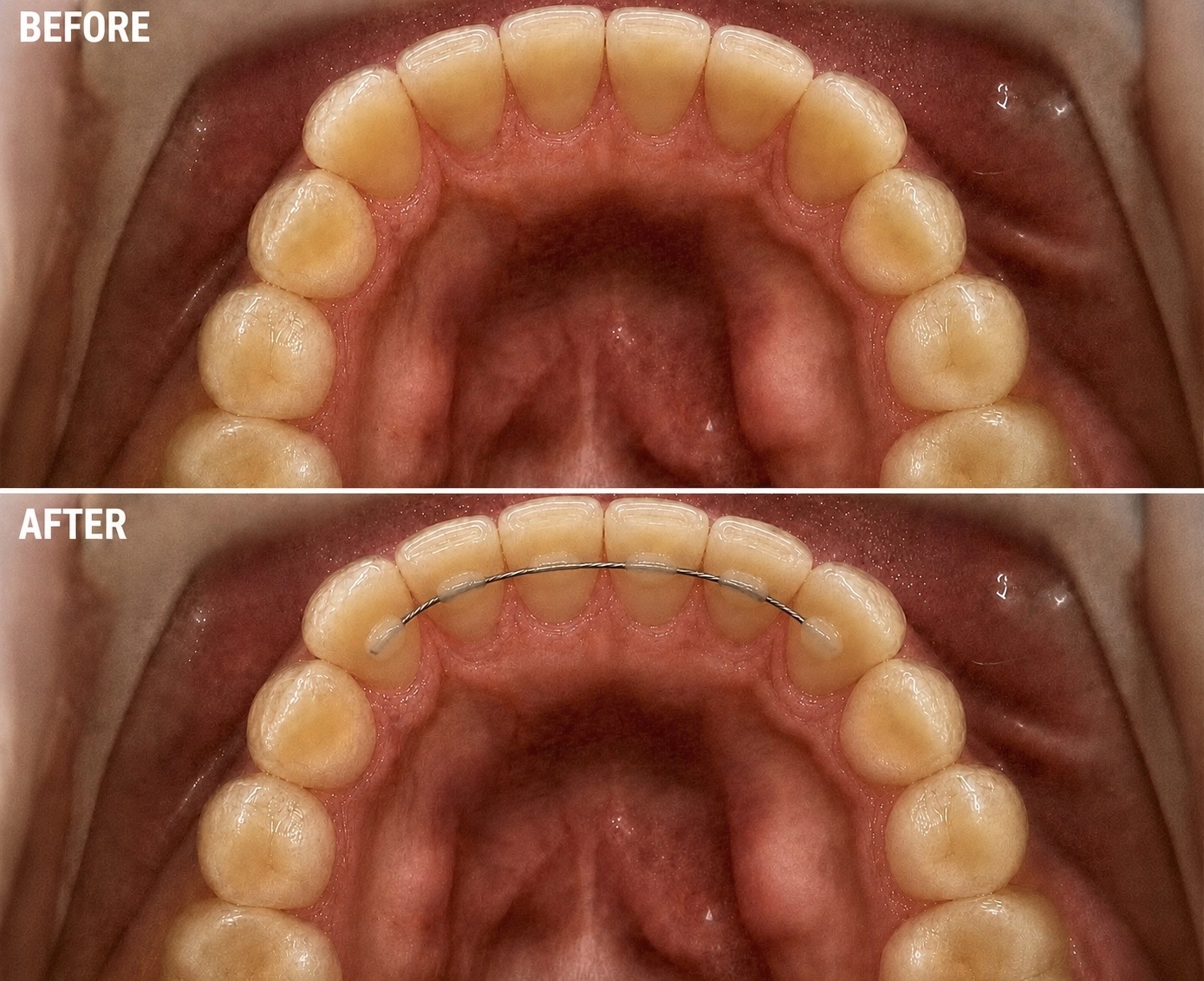 Real patient before and after fixed bonded retainer placed behind the front teeth
