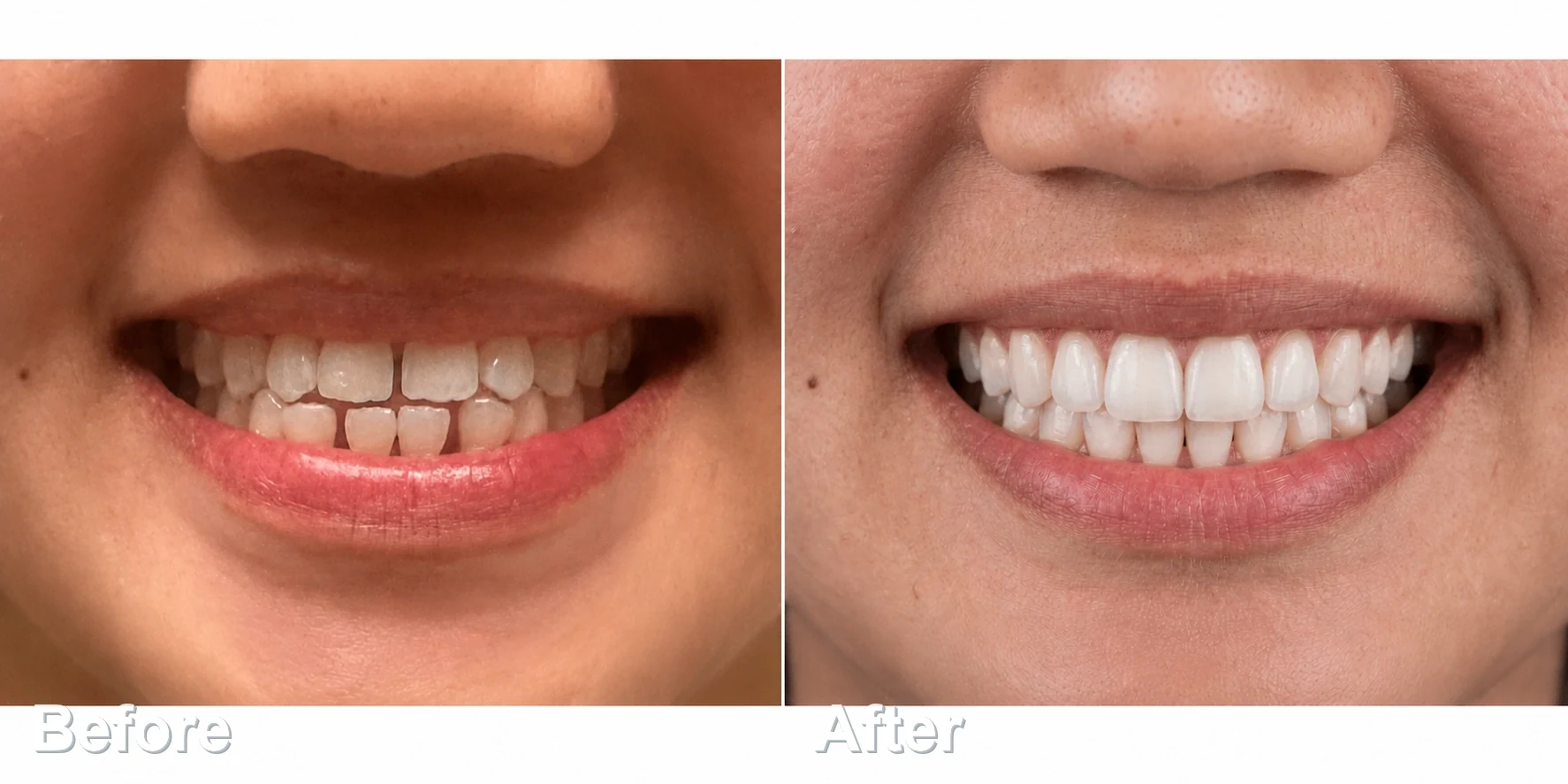 Real patient before and after full mouth reconstruction using clear aligners, crowns, and veneers