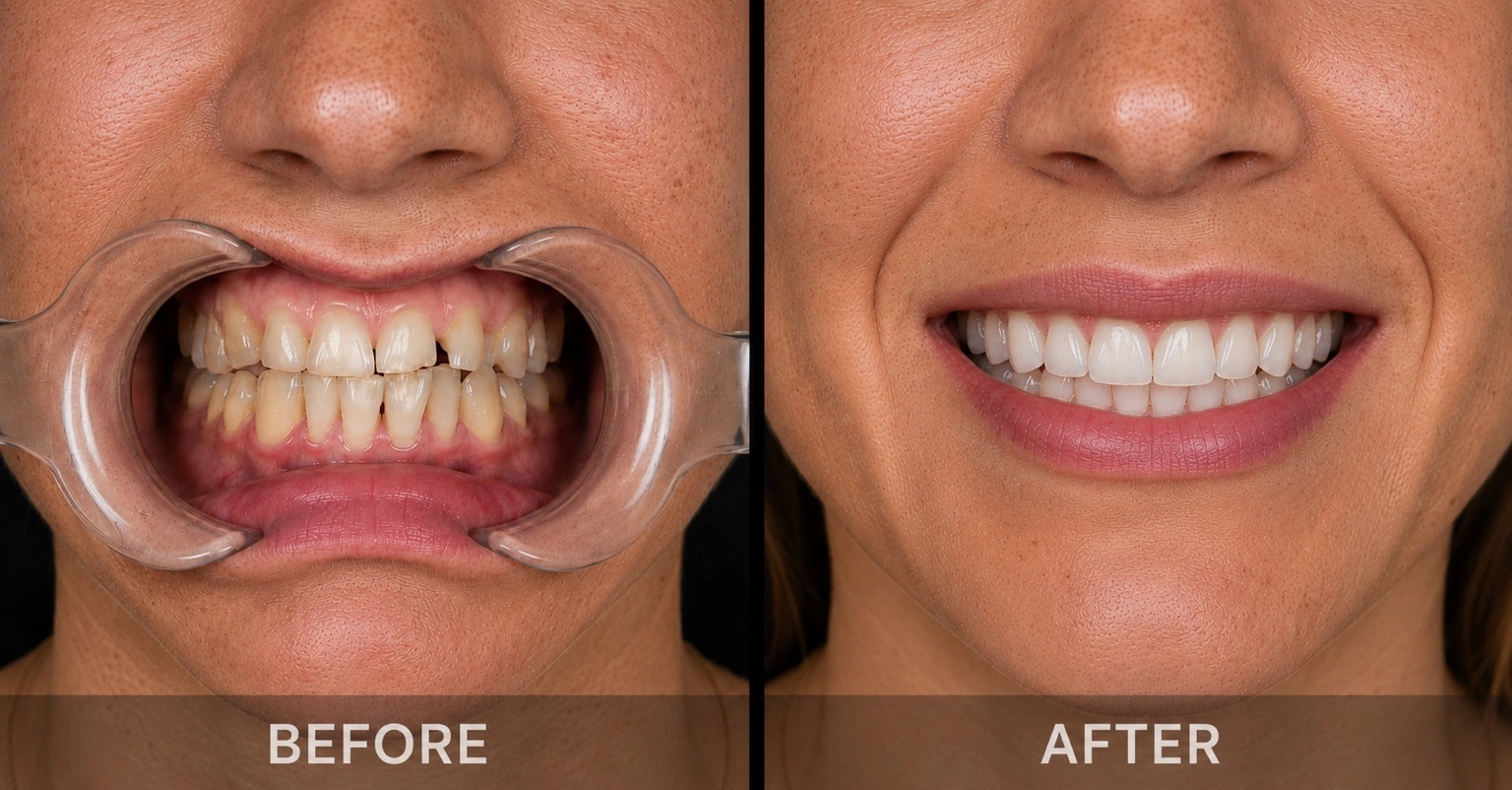 Real patient before and after full mouth reconstruction using a combination of crowns and veneers