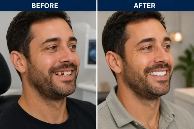 Before and after implant and veneers smile transformation