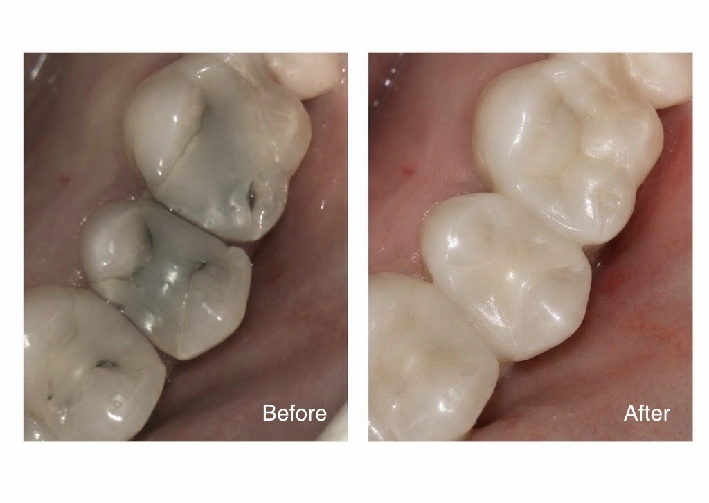 Real patient before and after tooth-colored inlay and onlay restorations replacing old large fillings with open margins and recurrent decay