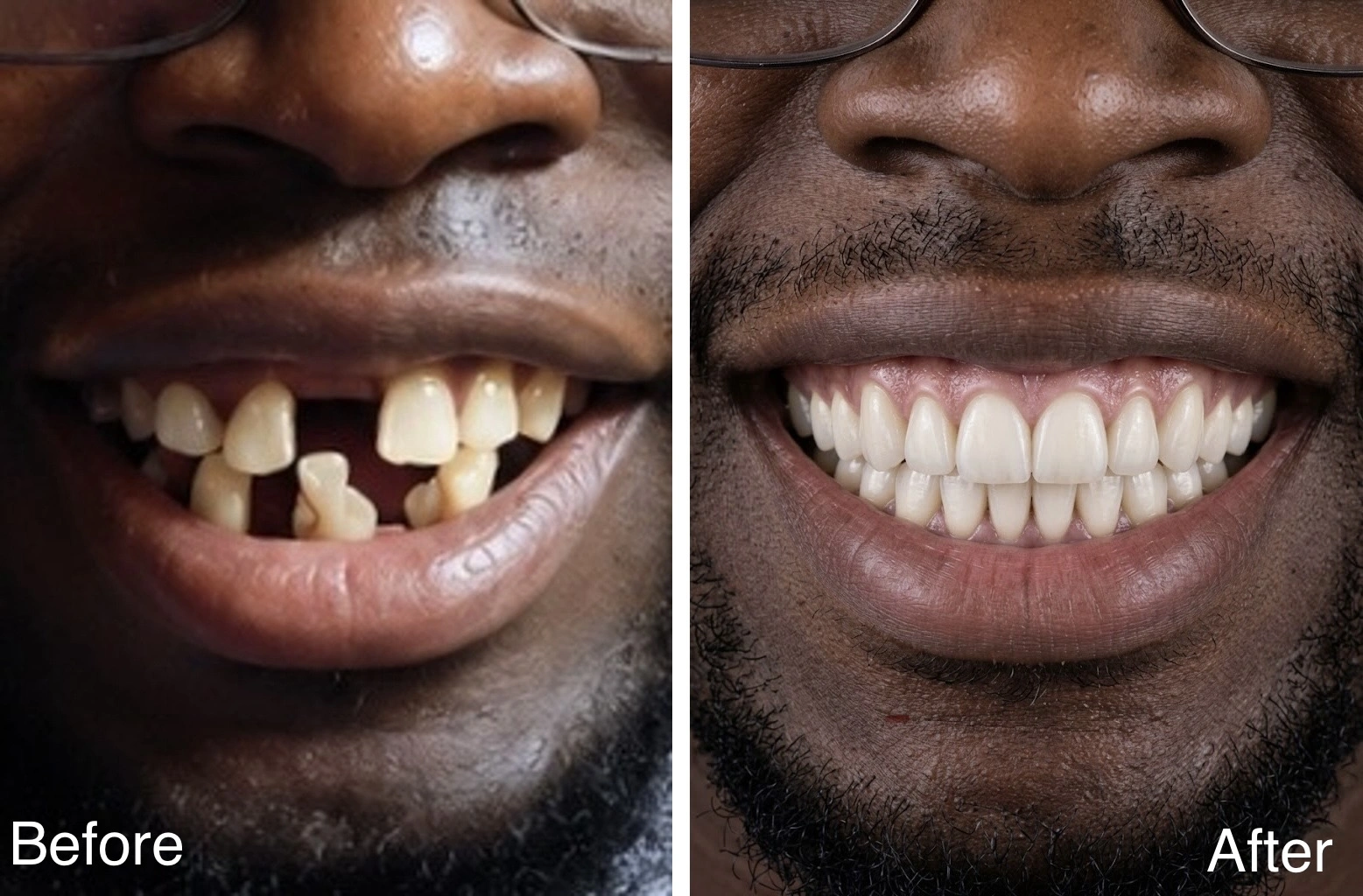 Real patient before and after implant-supported overdenture case showing restored smile and bite