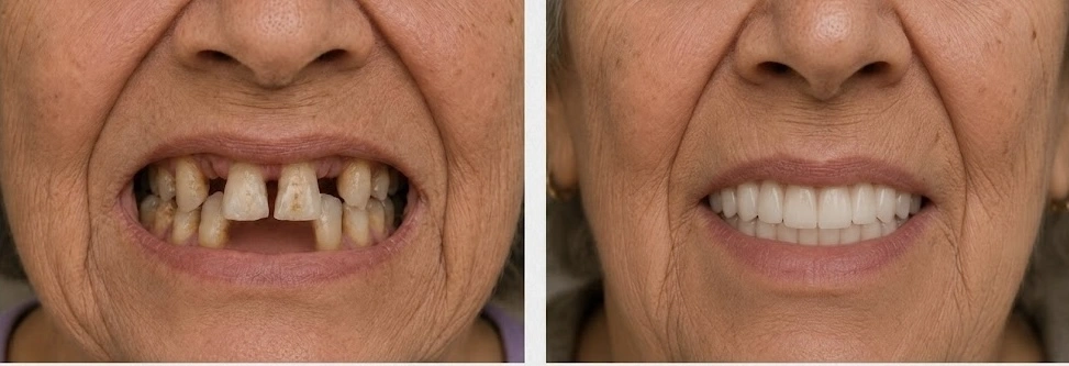 Real patient before and after implant-supported overdenture treatment showing a restored smile